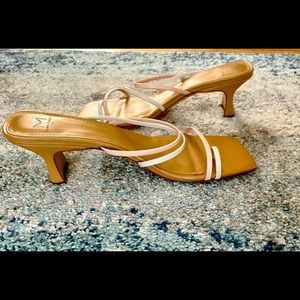 Pink and beige 3 inches heeled slides